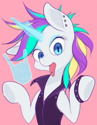 Size: 1580x2048 | Tagged: safe, artist:noupu, derpibooru import, rarity, pony, unicorn, alternate hairstyle, devil horn (gesture), female, glowing, glowing horn, hand, horn, looking at you, magic, magic hands, mare, piercing, pink background, punk, raripunk, simple background, solo, tongue, tongue out, tongue piercing