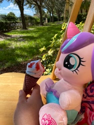 Size: 3024x4032 | Tagged: safe, derpibooru import, photographer:buceps, princess flurry heart, human, pony, baby, baby pony, cute, flurrybetes, foal, food, ice cream, irl, irl human, merchandise, outdoors, photo, swing, unicorn food