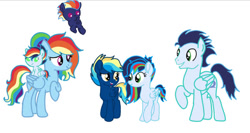 Size: 750x398 | Tagged: safe, artist:magiclightsentry, derpibooru import, rainbow dash, soarin', oc, pegasus, pony, baby, baby pony, colt, family, female, filly, foal, male, mare, offspring, parent:rainbow dash, parent:soarin', parents:soarindash, shipping, simple background, soarindash, stallion, straight, teenager, white background