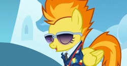 Size: 2160x1122 | Tagged: safe, derpibooru import, spitfire, pegasus, pony, wonderbolts academy, clothes, cloud, cropped, drill sergeant, eyes closed, female, mare, necktie, open mouth, solo, suit, sunglasses, uniform, whistle, whistle necklace, wonderbolts dress uniform