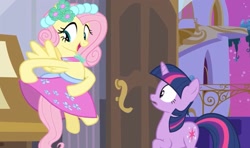 Size: 1723x1021 | Tagged: safe, derpibooru import, screencap, fluttershy, twilight sparkle, pegasus, pony, unicorn, a canterlot wedding, beautiful, bedroom, bridesmaid, bridesmaid dress, canterlot, canterlot castle, clothes, cute, dress, female, floral head wreath, flower, flower in hair, flutterbeautiful, force field, gown, happy, mare, open door, playing with dress, royal wedding, surprised