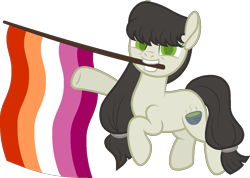 Size: 1215x865 | Tagged: safe, artist:yeetmedownthestairs, derpibooru import, oc, oc only, oc:sawa, earth pony, pony, commission, female, grin, lesbian pride flag, mare, mouth hold, pride, pride flag, pride month, raised hoof, raised leg, simple background, smiling, solo, transparent background, ych result