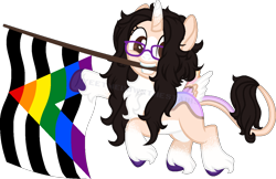 Size: 1364x884 | Tagged: safe, artist:yeetmedownthestairs, derpibooru import, oc, oc only, oc:malin, pony, unicorn, butt wings, chest fluff, coat markings, commission, female, glasses, grin, leonine tail, mare, mouth hold, pride, pride flag, pride month, raised hoof, raised leg, simple background, smiling, solo, straight ally flag, tail, transparent background, unshorn fetlocks, wings, ych result