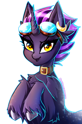 Size: 2664x4010 | Tagged: safe, artist:minamikoboyasy, derpibooru import, oc, oc only, oc:obsidian(rumista), pony, unicorn, belt, belt buckle, ear piercing, glasses, horn, looking at you, piercing, simple background, smiling, smiling at you, solo, unicorn oc, white background