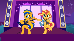 Size: 1191x670 | Tagged: safe, artist:mlpfan3991, derpibooru import, edit, sunset shimmer, oc, oc:flare spark, pegasus, pony, unicorn, bipedal, electric guitar, female, guitar, mare, musical instrument, night, playing instrument, rock (music), rock and roll, stage, sunset shredder, vector, vector edit