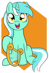 Size: 1500x2224 | Tagged: safe, artist:axlearts, derpibooru import, lyra heartstrings, pony, unicorn, abstract background, female, happy, horn, lyre, mare, musical instrument, open mouth, raised hoof, raised leg, sitting, solo