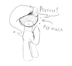 Size: 707x641 | Tagged: safe, artist:axlearts, oc, oc only, oc:delpone, earth pony, fly, insect, pony, covering eyes, dialogue, female, mare, mask, monochrome, raised hoof, raised leg, sketch, smiling, solo