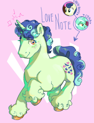 Size: 1740x2274 | Tagged: safe, artist:poniesart, derpibooru import, oc, oc only, oc:love note, pony, unicorn, magical lesbian spawn, offspring, parent:bon bon, parent:lyra heartstrings, parents:lyrabon, pink background, simple background, solo