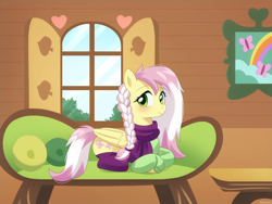 Size: 1000x750 | Tagged: safe, artist:riouku, derpibooru import, fluttershy, pegasus, pony, alternate hairstyle, alternate universe, blushing, clothes, commission, cute, fluttershy's cottage, scarf, shyabetes, socks, sofa, solo, stockings, sweat, sweatdrops, thigh highs