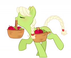 Size: 1312x1062 | Tagged: safe, artist:melodylibris, derpibooru import, granny smith, earth pony, pony, apple, basket, bipedal, blushing, eyes closed, female, food, mare, simple background, solo, white background, young granny smith, younger