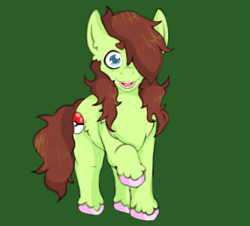 Size: 827x749 | Tagged: safe, artist:hivecicle, derpibooru import, blue eyes, brown mane, green background, green fur, green pony, hooves, pink hooves, poké ball, pokémon, raised hoof, raised leg, simple background, solo, standing