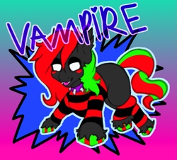 Size: 827x749 | Tagged: safe, artist:hivecicle, derpibooru import, oc, oc only, oc:matt, pony, undead, vampire, vampony, black fur, black pony, choker, clothes, dynamic pose, eyestrain warning, gradient background, green hair, green tail, hooves, multicolored hair, multicolored hooves, multicolored tail, red cheeks, red hair, red tail, shapeshifter, shirt, socks, spiked choker, striped shirt, striped socks, tail, vampire bat pony, white eyes