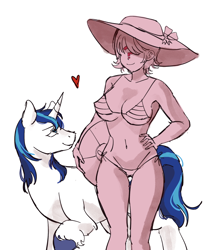 Size: 1248x1471 | Tagged: artist needed, safe, derpibooru import, shining armor, oc, oc:femanon, human, pony, unicorn, bikini, clothes, looking at each other, looking at someone, male, simple background, stallion, swimsuit, white background