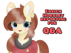 Size: 3000x2250 | Tagged: safe, artist:sodapop sprays, derpibooru import, oc, oc only, oc:redshirt, earth pony, pony, chest fluff, ear fluff, ears, happy, looking at you, question, simple background, solo, star trek, star trek (tos), white background