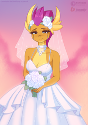 Size: 2826x4000 | Tagged: safe, artist:xjenn9, derpibooru import, smolder, anthro, dragon, bouquet, bride, choker, clothes, crying, dragoness, dress, female, flower, looking at you, smiling, smiling at you, solo, tears of joy, veil, wedding dress, white dress