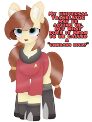 Size: 3000x4000 | Tagged: safe, artist:sodapop sprays, derpibooru import, oc, oc only, oc:redshirt, earth pony, pony, chest fluff, clothes, confused, ear fluff, ears, redshirt, simple background, skirt, solo, star trek, star trek (tos), uniform, white background