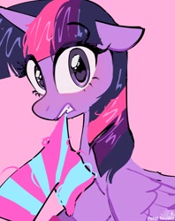 Size: 1620x2048 | Tagged: safe, artist:petaltwinkle, derpibooru import, twilight sparkle, twilight sparkle (alicorn), alicorn, pony, clothes, eyebrows, eyebrows visible through hair, female, gritted teeth, heart, heart eyes, looking at you, mare, mouth hold, pink background, signature, simple background, socks, solo, striped socks, teeth, wingding eyes