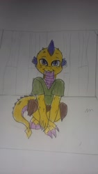 Size: 1836x3264 | Tagged: safe, artist:lullabyjak, derpibooru import, oc, oc only, oc:igneous, anthro, dragon, baby, baby dragon, clothes, male, solo, traditional art