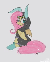 Size: 904x1129 | Tagged: safe, artist:petaltwinkle, derpibooru import, fluttershy, pegasus, pony, clothes, costume, dangerous mission outfit, female, goggles, gray background, hoodie, looking back, mare, signature, simple background, sitting, solo