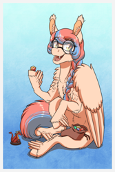 Size: 1181x1772 | Tagged: safe, artist:inuhoshi-to-darkpen, derpibooru import, oc, oc only, oc:dracey, pegasus, braid, chest fluff, d20, dice, dice bag, ear fluff, ears, figurine, glasses, gradient background, looking at you, open mouth, pegasus oc, sack, single fang, sitting, solo, wing fluff