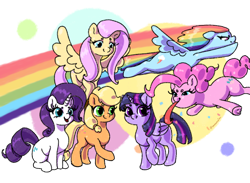 Size: 2048x1500 | Tagged: safe, artist:maneiacmayhem, derpibooru import, applejack, fluttershy, pinkie pie, rainbow dash, rarity, twilight sparkle, twilight sparkle (alicorn), alicorn, earth pony, pegasus, pony, unicorn, female, flying, mane six, mare, party horn, rainbow trail, simple background, transparent background