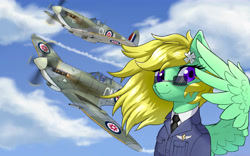 Size: 4254x2646 | Tagged: safe, artist:qwq2233, derpibooru import, edit, oc, oc only, oc:concentric rings, oc:horsewhite, oc:midnight hurricane, pegasus, pony, equestria at war mod, clothes, fighter, fighter plane, flower, flower in hair, hawker hurricane, looking at you, plane, solo focus, spread wings, sunglasses, supermarine spitfire, uniform, windswept mane, wings, wonderbolts dress uniform