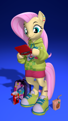 Size: 2160x3840 | Tagged: safe, artist:owlpirate, derpibooru import, fluttershy, pegasus, semi-anthro, 3d, 3ds, 4k, backpack, bandaid, clothes, dexterous hooves, ear piercing, earring, female, food, gradient background, high res, hoodie, hoof hold, jewelry, juice, juice box, mare, mouth hold, piercing, pocky, shoes, smiling, sneakers, solo, source filmmaker