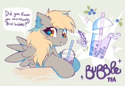 Size: 2048x1402 | Tagged: safe, artist:mirtash, derpibooru import, derpy hooves, pegasus, pony, bubble tea, dialogue, drink, drinking straw, eyebrows, eyebrows visible through hair, looking at you, smiling, solo, spread wings, wings