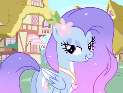 Size: 1421x1080 | Tagged: safe, artist:cstrawberrymilk, derpibooru import, oc, oc:moonlight lullaby, pegasus, pony, butt, female, flower, flower in hair, freckles, jewelry, lidded eyes, looking back, mare, necklace, plot, ponyville, solo