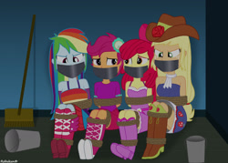 Size: 1920x1372 | Tagged: safe, artist:robukun, derpibooru import, apple bloom, applejack, rainbow dash, scootaloo, human, equestria girls, anatomically incorrect, bondage, bound and gagged, fall formal outfits, gag, incorrect leg anatomy, rope, rope bondage, tape, tape gag, tied up