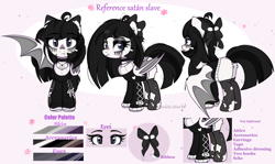 Size: 3462x2070 | Tagged: safe, artist:2pandita, derpibooru import, oc, oc:satán slave, bat pony, pony, bandaid, bandaid on nose, black eyeshadow, black hair, bow, butt fluff, choker, clothes, ear piercing, earring, eyeshadow, fangs, female, fishnet stockings, folded wings, frown, goth, gothic, gray eyes, hair bow, hairclip, jewelry, lidded eyes, looking at you, makeup, mare, necklace, piercing, pink background, reference sheet, ripped stockings, simple background, smiling, solo, spread wings, standing, stockings, sweater, text, thigh highs, torn clothes, watermark, wing piercing, wings