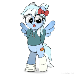 Size: 2048x2048 | Tagged: safe, artist:super-dead, derpibooru import, oc, oc only, oc:allay, pegasus, pony, semi-anthro, bipedal, bow, clothes, colored wings, gradient hooves, gradient wings, hair bow, hoodie, looking at you, open mouth, pegasus oc, simple background, socks, solo, white background, wings