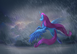 Size: 5450x3856 | Tagged: safe, artist:yasu, derpibooru import, oc, oc only, alicorn, alicorn oc, blizzard, blue skin, butt, cloud, concave belly, dark, fluffy, flying, horn, long mane, long tail, plot, purple hair, snow, snowfall, solo, storm, tail, weather, wind, wings