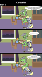 Size: 1920x3516 | Tagged: safe, artist:platinumdrop, derpibooru import, derpy hooves, oc, oc:anon, oc:anon stallion, pegasus, pony, comic:caretaker, 3 panel comic, abuse, alcohol, avoiding eye contact, black eye, bound wings, bowl, bruised, caretaker, chair, comic, commission, crying, derpybuse, dialogue, dining room, dinner, disappointed, domestic abuse, drink, drinking, dusk, ears, eating, eyes closed, female, floppy ears, flower, flower pot, food, glass, gruel, handkerchief, insult, male, mare, open mouth, pasta, plant, raised hoof, raised leg, rope, sad, salad, sitting, spaghetti, speech, speech bubble, stallion, table, talking, tears of sadness, verbal abuse, window, wine, wine glass, wings