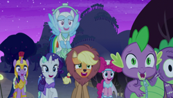 Size: 1280x720 | Tagged: safe, derpibooru import, screencap, applejack, pinkie pie, rainbow dash, rarity, spike, twilight sparkle, twilight sparkle (alicorn), alicorn, mermaid, pony, scare master, animal costume, applelion, armor, astrodash, athena sparkle, clothes, costume, dragon costume, mermarity, pinkie puffs