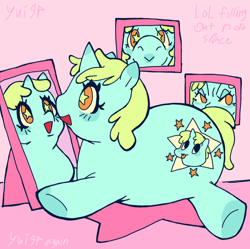 Size: 1080x1076 | Tagged: safe, artist:yui94, derpibooru import, whoa nelly, pony, unicorn, fat, female, lying down, mare, mirror, narcissism, picture, prone, solo, starry eyes, wingding eyes