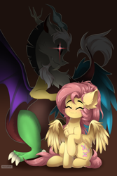 Size: 1280x1920 | Tagged: safe, artist:natanvok, derpibooru import, discord, fluttershy, pegasus, pony, glowing, glowing eyes, glowing eyes of doom