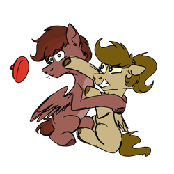 Size: 800x800 | Tagged: safe, artist:fuckomcfuck, derpibooru import, oc, oc only, oc:autumn rosewood, oc:doodles, pegasus, angry, hat, hug, punch, simple background, sitting, transparent background, violence