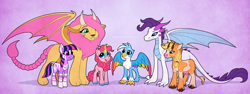 Size: 4000x1507 | Tagged: safe, artist:incendiarymoth, derpibooru import, applejack, fluttershy, pinkie pie, rainbow dash, rarity, twilight sparkle, cow, dragon, griffon, kirin, manticore, zebra, applecow, blaze (coat marking), blue eyes, blue sclera, chest fluff, cloven hooves, coat markings, colored hooves, colored wings, cowified, cute, cute little fangs, dragoness, dragonified, facial markings, fangs, female, freckles, green eyes, griffonized, group, hair over one eye, horns, kirin pinkie, kirin-ified, lavender background, leonine tail, looking at someone, looking up, magenta eyes, mane six, manticorified, mare, multicolored wings, paws, purple eyes, rainbow griffon, rainbow wings, raridragon, sextet, simple background, slit eyes, smiling, socks (coat marking), species swap, spread wings, standing, stripes, tail, talons, teal eyes, udder, unshorn fetlocks, wings, zebrafied