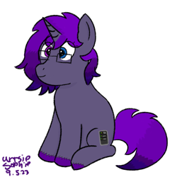 Size: 800x800 | Tagged: safe, artist:ideletedsystem64, derpibooru import, oc, oc only, oc:technomancer, unicorn, female, glasses, gray coat, heterochromia, horn, mare, purple tail, short mane, signature, simple background, simple shading, solo, tail, transgender, unicorn oc, white background