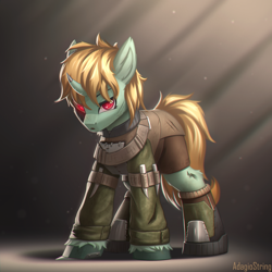 Size: 2000x2000 | Tagged: safe, artist:adagiostring, derpibooru import, oc, oc only, oc:easy peasy, cyborg, pony, unicorn, fallout equestria, abstract, abstract background, angry, armor, battle suit, clothes, commission, cyborg pony, female, foe adventures, glowing, glowing eyes, injured, looking at you, orange hair, red eyes, simple background, solo, solo female, standing, suit, synth, terminator