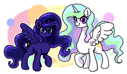 Size: 2560x1498 | Tagged: safe, artist:emmaneiac, derpibooru import, princess celestia, princess luna, alicorn, pony, cute, cutelestia, duo, female, looking at you, lunabetes, mare, royal sisters, siblings, sisters, smiling, smiling at you, spread wings, wings