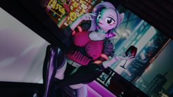 Size: 2560x1440 | Tagged: safe, alternate version, artist:scarlet twinkle, derpibooru import, oc, oc:lucy lash, anthro, cyborg, earth pony, 3d, boots, choker, cigarette, clothes, crossover, cyberpunk, edgerunner, eyebrows, eyelashes, glass, jacket, looking at you, panties, shirt, shoes, short hair, smoking, solo, thigh boots, underwear, wine glass