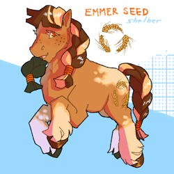 Size: 1280x1280 | Tagged: safe, artist:poniesart, derpibooru import, oc, oc only, oc:emmer seed, earth pony, pony, braid, braided pigtails, braided tail, earth pony oc, freckles, pigtails, pronouns, solo, tail, unshorn fetlocks, wheat grass