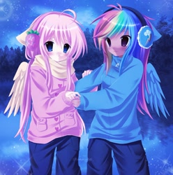 Size: 1440x1449 | Tagged: safe, artist:bonnybel_, derpibooru import, fluttershy, rainbow dash, human, equestria girls, g4, anime, anime style, clothes, cute, duo, duo female, eared humanization, earmuffs, female, flutterdash, folded wings, humanized, lesbian, pale skin, pony ears, scarf, shipping, tan skin, winged humanization, wings, winter outfit