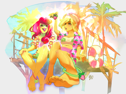 Size: 4000x3000 | Tagged: safe, artist:yoyoyocfxfrz, derpibooru import, applejack, strawberry sunrise, equestria girls, alternate hairstyle, anklet, applerise, barefoot, belly button, bikini, bikini top, blushing, clothes, duo, equestria girls-ified, feet, female, food, foot focus, freckles, hawaiian shirt, jewelry, lesbian, midriff, not apple bloom, open mouth, palm tree, pier, shipping, shirt, shorts, strawberry, summer, swimsuit, tongue, tongue out, tree