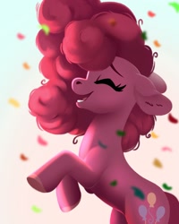 Size: 1500x1872 | Tagged: safe, artist:28gooddays, derpibooru import, pinkie pie, earth pony, pony, confetti, eyes closed, happy, rearing, side view, smiling, solo