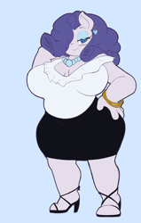 Size: 2500x3940 | Tagged: safe, artist:fourpundo, derpibooru import, rarity, anthro, unicorn, arm behind head, bedroom eyes, big breasts, blue background, blushing, bracelet, breasts, clothes, ear piercing, earring, eyeshadow, fat, hair over one eye, high heels, high res, huge breasts, jewelry, looking at you, makeup, necklace, piercing, raritits, raritubby, shoes, simple background, skirt, smiling, smiling at you, solo, thick, thighs, thunder thighs, wide hips