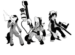 Size: 1024x751 | Tagged: safe, artist:juanrock, derpibooru import, oc, oc only, oc:cloud chaser, oc:razor graze, oc:shadow-mark, pony, fanfic:three of me: school society, axe, black and white, cigarette, clothes, cosplay, costume, flamethrower, glasses, grayscale, gun, monochrome, simple background, team fortress 2, weapon, white background
