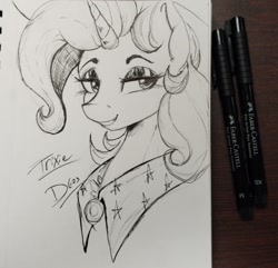 Size: 1929x1860 | Tagged: safe, artist:thelunarmoon, derpibooru import, trixie, pony, unicorn, black and white, bust, female, grayscale, grin, lidded eyes, mare, monochrome, name, pen drawing, smiling, solo, traditional art